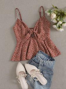 Women's Ditsy Floral Print Twist Front Crop Cami Top, Boho Shirred Peplum Hem Top for Summer, Ladies Clothes for Beach Holiday Vacation