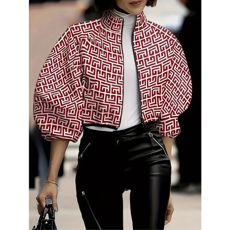 Polka-dot Print Zipper Crop Jacket, Casual Lantern Sleeve Jacket For Spring & Fall, Women's Clothing 2