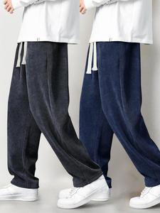 Men's Solid Drawstring Waist Corduroy Pants, Casual Comfy Straight Leg Trousers for Fall & Winter, Men's Bottoms for Daily Wear