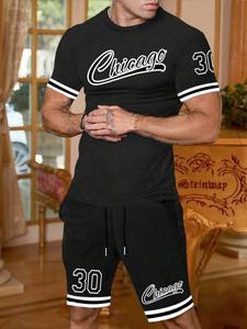 Men's All Over Print Tee & Pocket Drawstring Waist Shorts Set, Regular Fit Casual Fashion Cozy Breathable Two-piece for Daily Outdoor Wear, Men Clothes for Summer