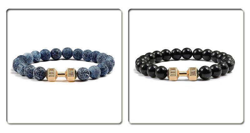 Product Introduction of Natural Volcanic Stone Bracelet Men Matte Black Lave White Beads Charm Dumbbell Strand Bracelets Women Barbell Fitness Jewelry 22