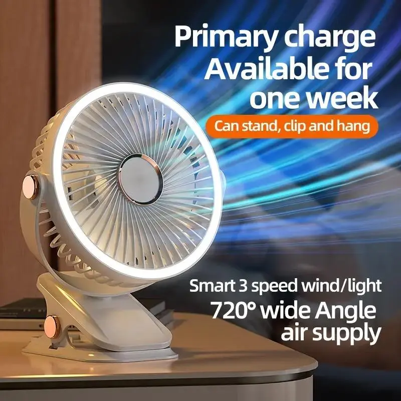 8000mAh Camping Fan Rechargeable Desktop Portable Air Circulator Wireless Ceiling Electric Fan With LED Light Clip-on Home Fan Charging Usb Adjustable Handle Plastic Blue