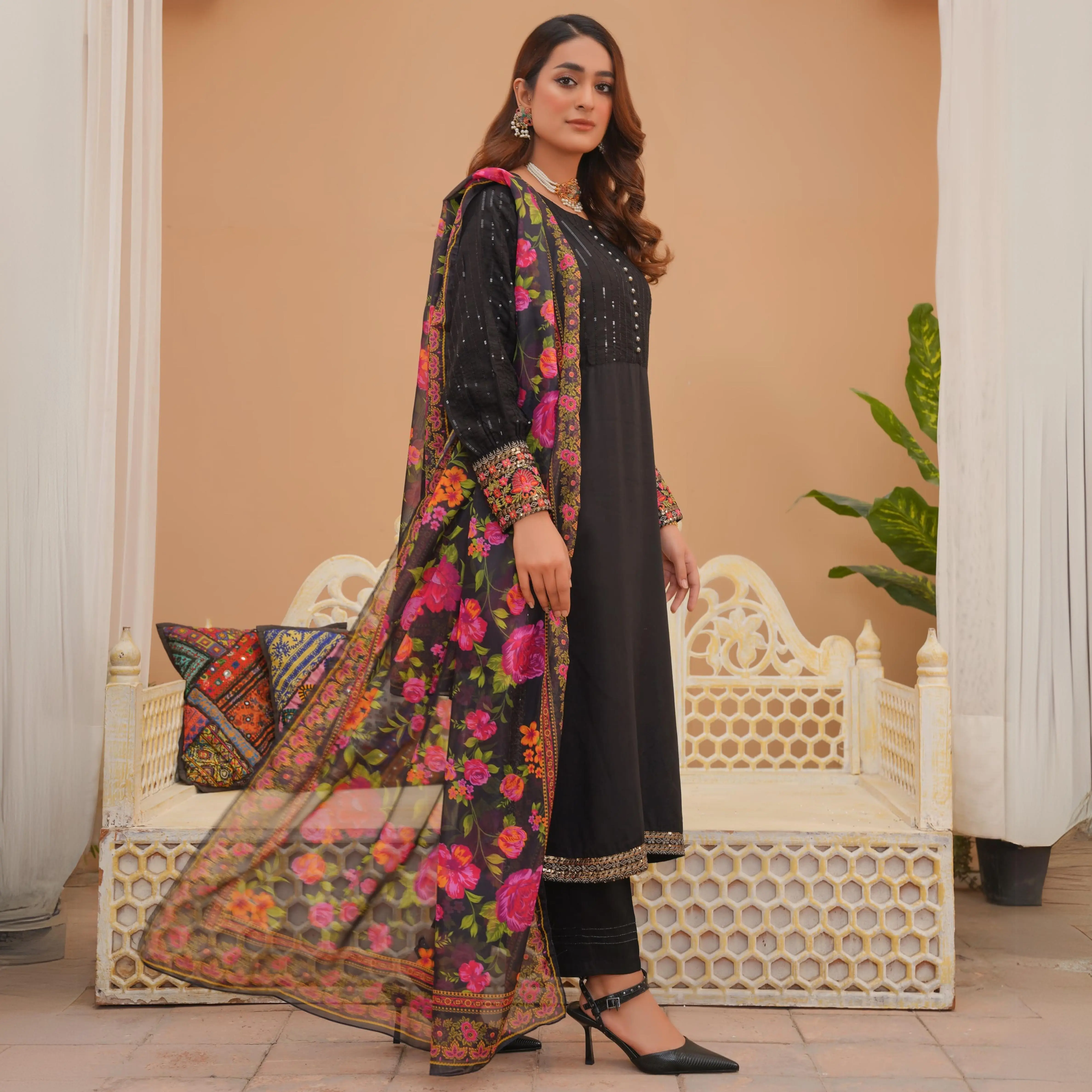 (Black) Embroidered Viscose Dress & Chiffon Dupatta UMNAA