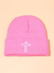 Contrast Binding Cross Design Embroidery Beanie Hat, Simple Cozy Warm Knit Beanie, Casual Cuffed Hat for Women & Men, Fashion Trendy Warm Hat