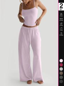 Women's Solid Tank Top & Wide Leg Pants Loungewear Two-Piece Set, Casual Comfy Pyjama Set for Women, Comfy Loungewear Set for Daily Wear, Pjs