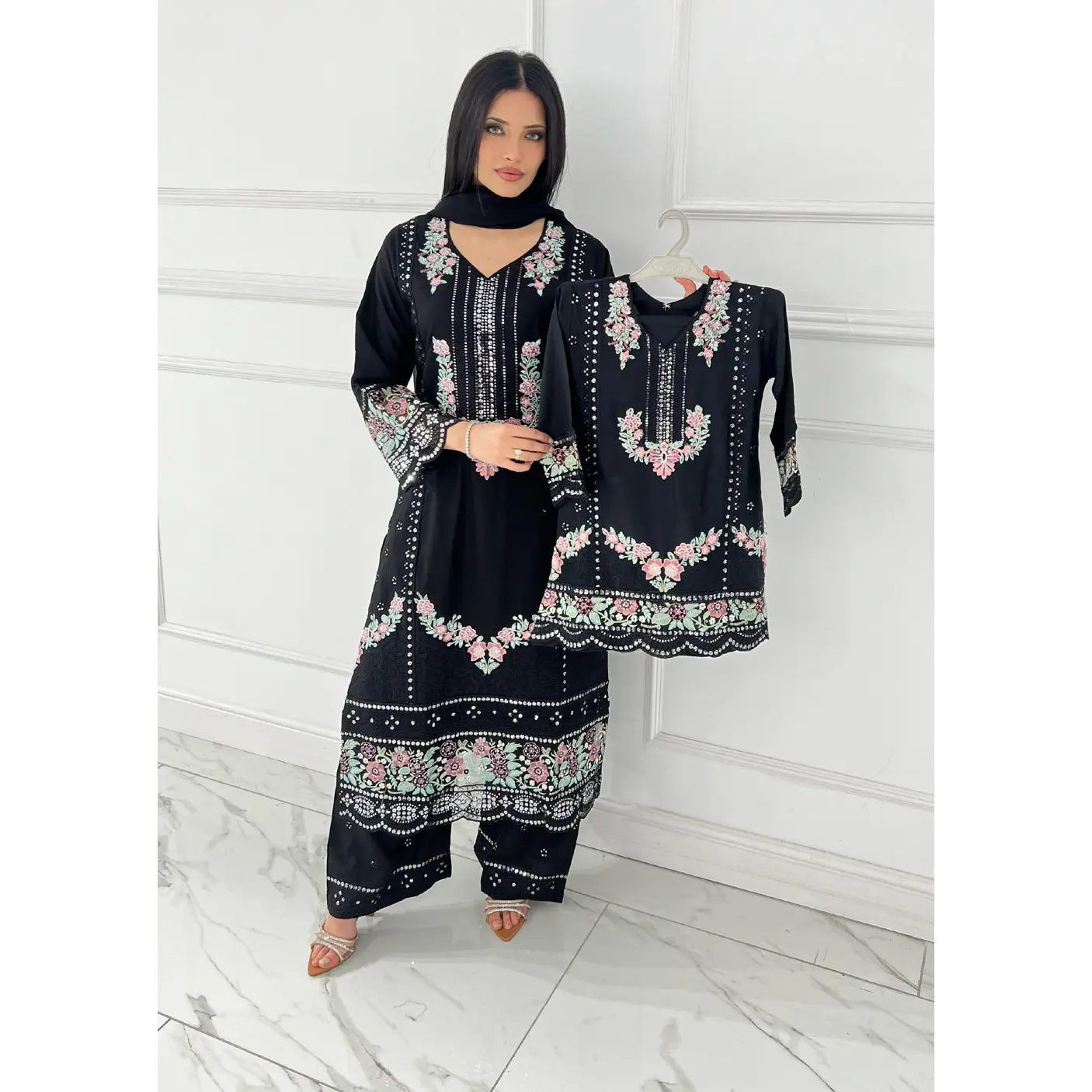 SHAZ9007 Chiffon Embroidered Mummy n Me Suits