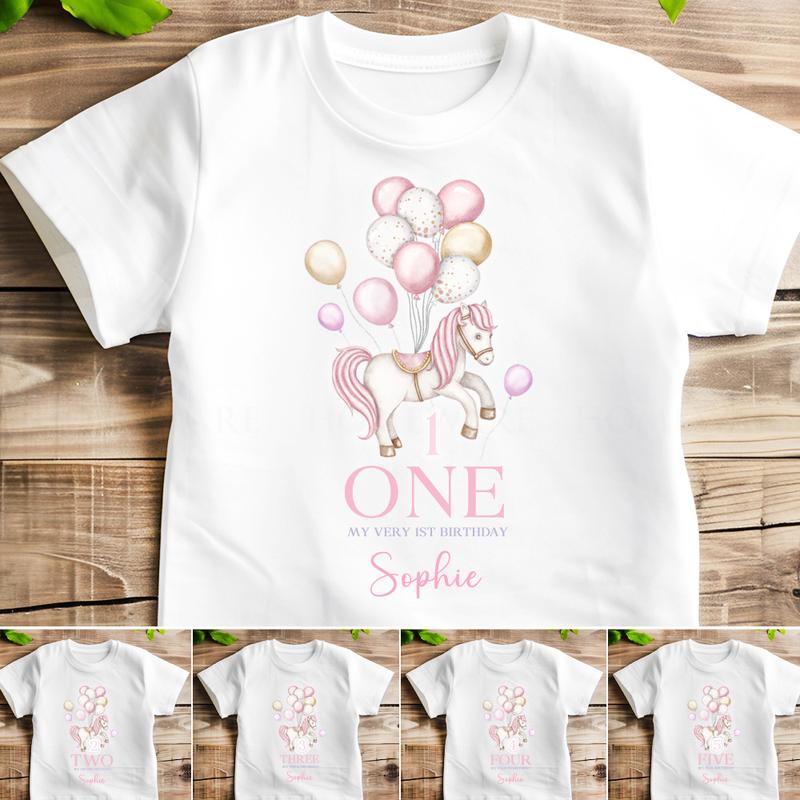 Melancia- Birthday T-SHIRT Personalised Carousel for girls in Pink on White Top summer kids clothes Send a message with your Childs Name 1