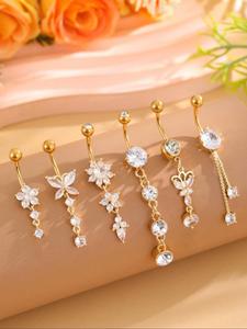 Women's Elegant Butterfly & Flower Design Belly Rings, Stainless Steel Belly Button Rings, Cute Trendy Belly Piercing Jewelry, Fashion Body Jewelry for Party & Daily Decor