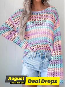 Women's Colorblock Hollow Out Sweater, Casual Long Sleeve Jumper for Daily Holiday Vacation Wear, Ladies Knitwear for Spring, Womenswear, Tops