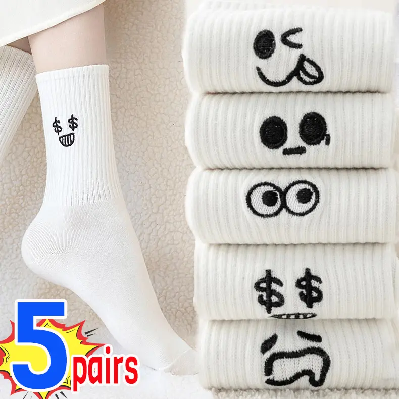 5Pairs Cool Women White Cute Funny Socks Set Fashion Cartoon Lady Autumn Winter Female Girl Kawaii Sport Short Socks for Women 0