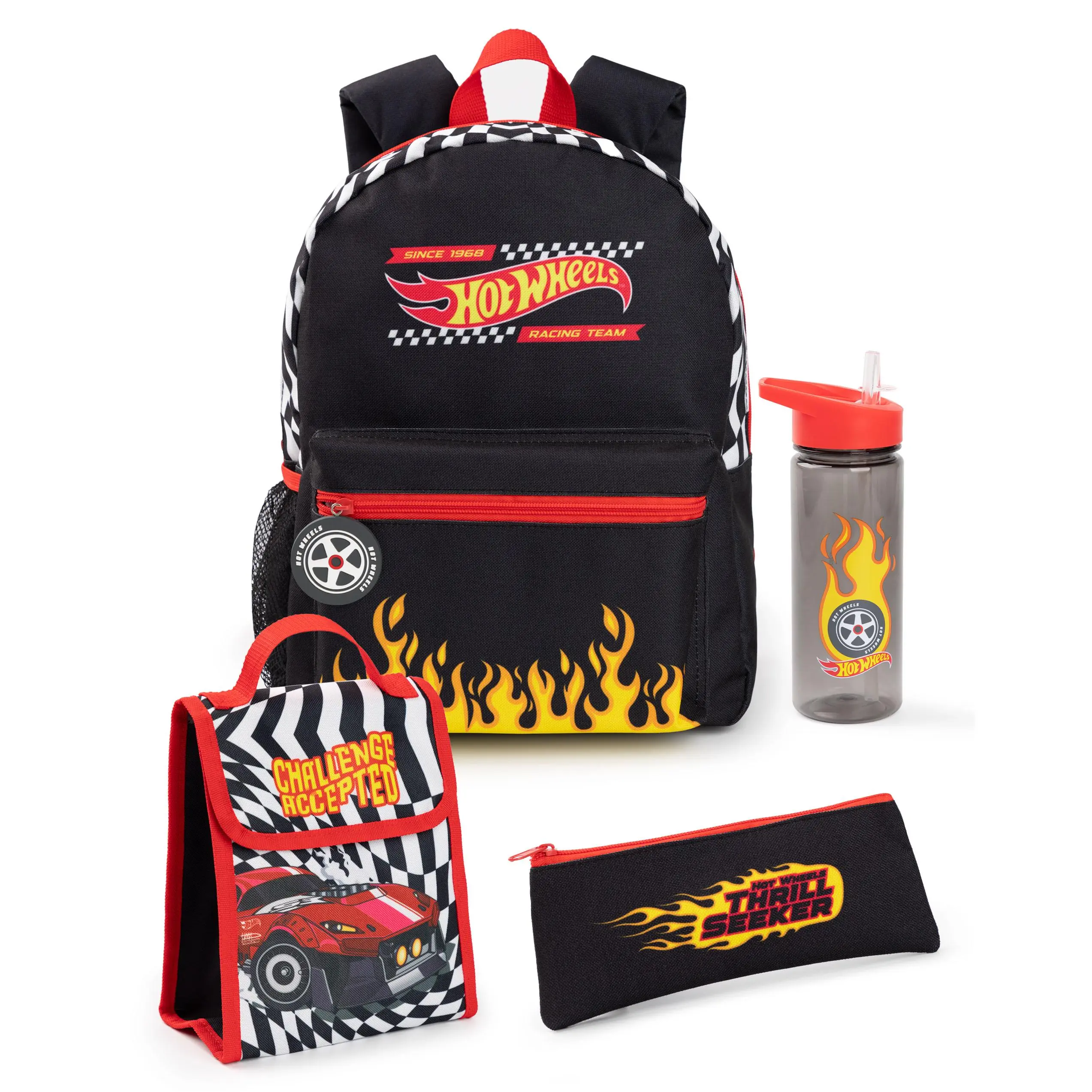 Vanilla Underground x Hot Wheels Unisex Kids Black Checkerboard Flame 4 Piece Backpack Set (One Size)