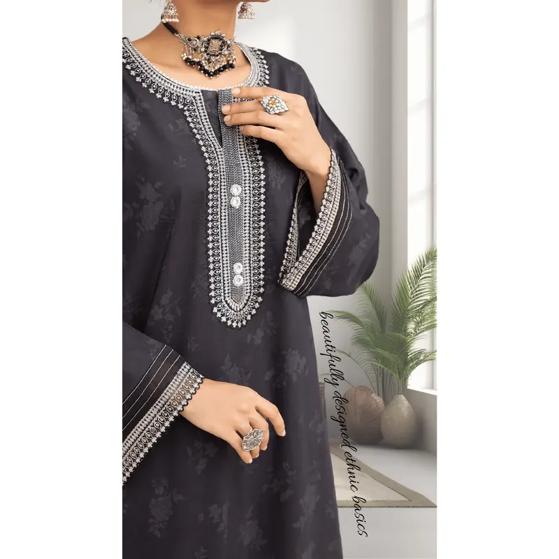 Black 2 Pc Embroidered Printed Cotton Lawn Solid Outfit - Casuallite 1