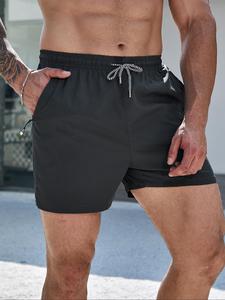 Men's Solid Color Zipper Pocket  Shorts,  Casual Breathable Quick Drying Shorts for Beach Vacation, Men's Swimwear for Summer