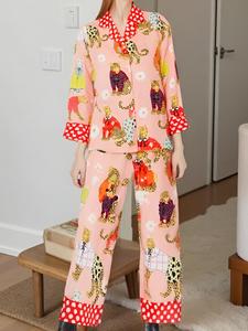 Two-piece Set Women's Heart & Leopard Print Lapel Neck Pajama, Long Sleeve Button Up Top & Elastic Waist Pants Pj Set, Casual Comfortable Sleepwear Set for Women