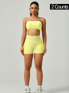 Women's Solid Cross Back Bandeau Top & High Waist Shorts Sports Set, Sporty Casual Breathable Comfortable Two-piece Outfits for Yoga Gym Workout Running, Ladies Spring Sportswear