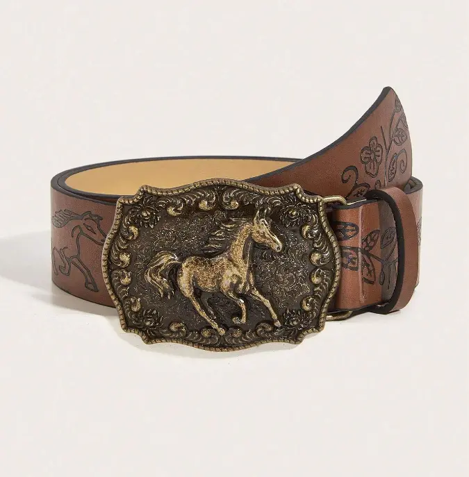 Vintage Western Cowboy Style Animal Buckle Embossed PU Leather Belt for Men and Women, All-Match and Suitable for Jeans and Long Skirts in All Seasons