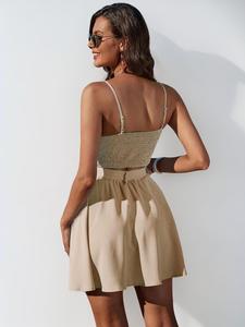 Two-piece Set Women's Ruched Shirred Crop Sleeveless Cami Top & Belted A Line Skirt, Lady Comfort Minimalist Solid Top & High Waist Flared Skirt Set for Summer, Elegance Fashion Chic Women's Outfits for Beach Vacation Holiday, Womenswear