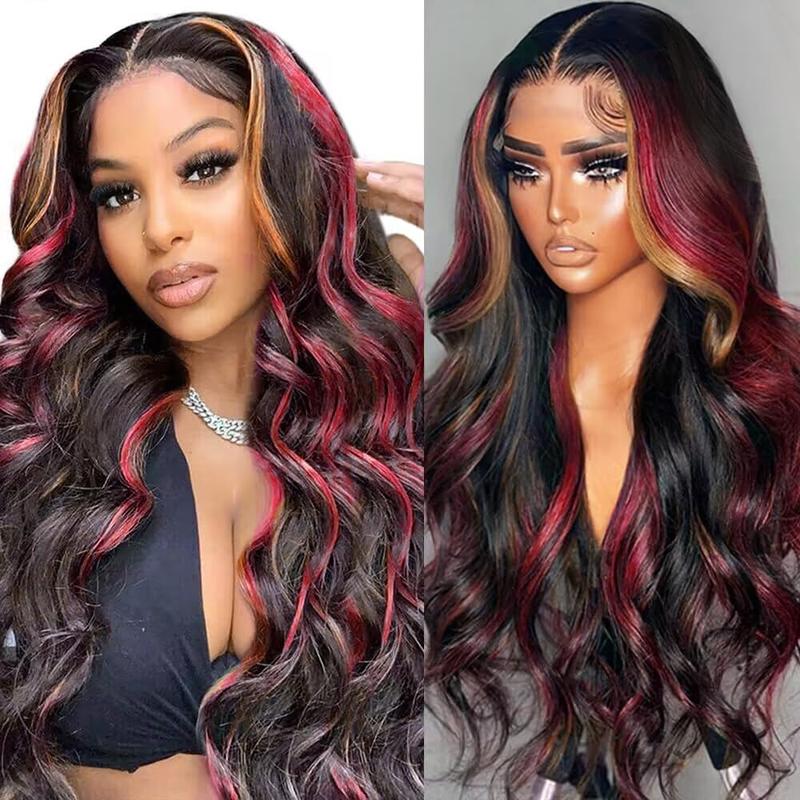 Highlight 5x5 Glueless Wigs Human Hair Pre Plucked Pre Cut Black Hair With Red blonde highlight Body Wave Wigs Human Hair 200% 1