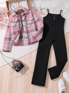 Two-piece Set Girl's Plaid Print Button Front Pocket Shirt Jacket & Jumpsuit Set, Casual Long Sleeve Collared Top & Jumpsuit for Fall & Winter, Kids Clothes for Daily Wear
