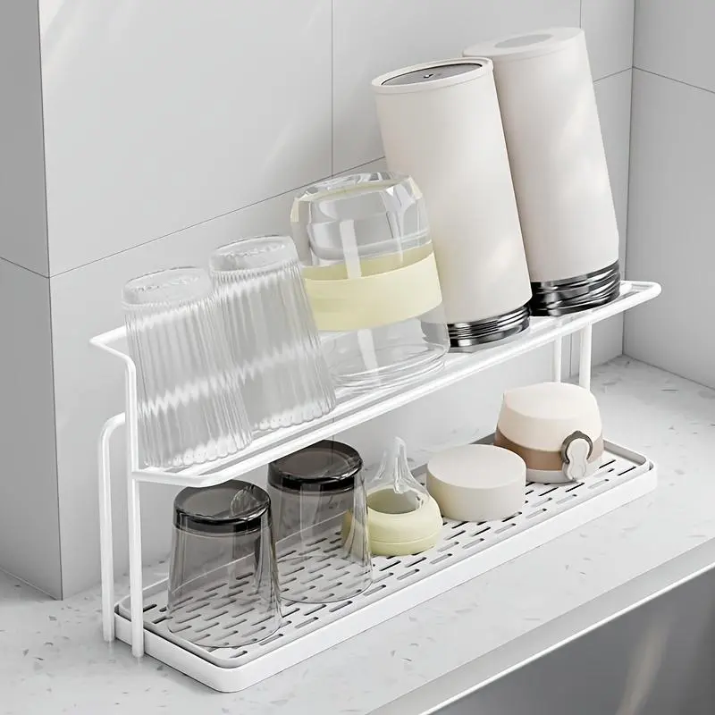 1pc Two-Tier Bottle Drying Rack with Drainage Tray - Durable Carbon Steel, Freestanding Kitchen Counter Organizer for Glass, Metal, and Plastic Bottles - Space-Saving Design, No Assembly Required, Standing Shelf 3