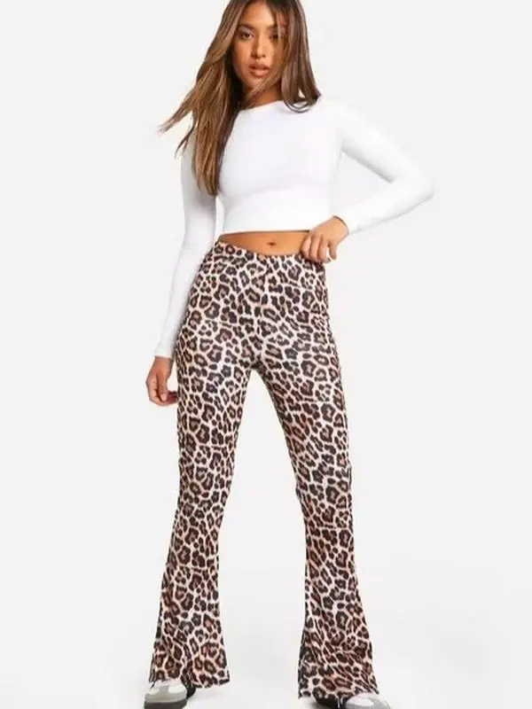 Women's Petite Leopard High Waist Basic Fit & Flare Trouser for Work and Casual Wear - Pants, Womenswear Bottom Comfort Hip