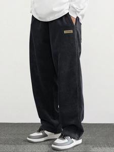 Men's Letter Print Corduroy Pants, Loose Casual Comfy Straight Leg Trousers for Daily Wear, Woven Bottoms for All Seasons