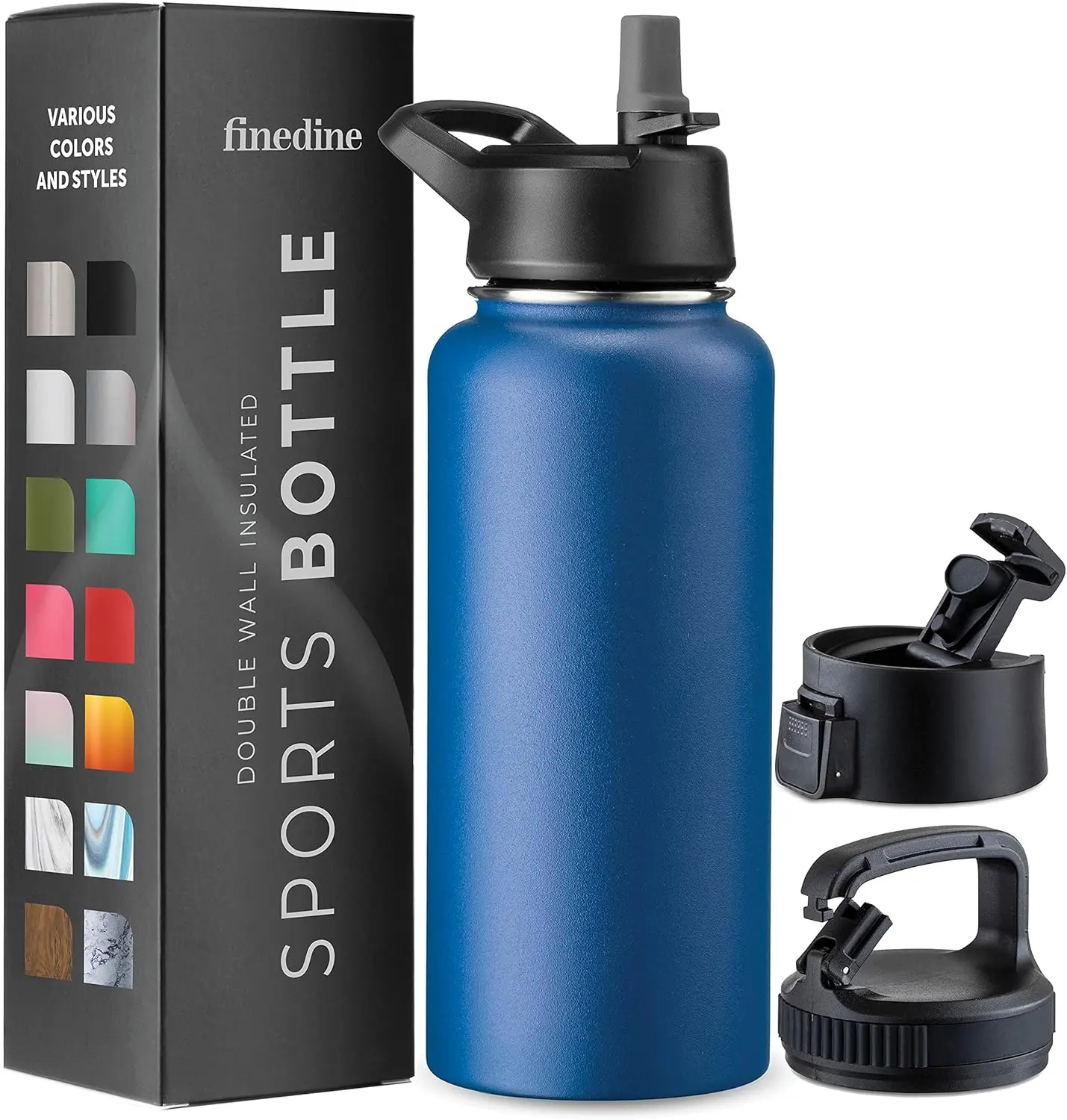 FineDine Triple Walled, Insulated Water Bottles with Straw - 32 Oz Stainless Steel Metal Bottle W/ 3 Leak Proof Lids - For Travel, School, Sports, Gym/Men, Women & Kids
