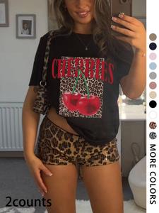 Two-Piece Set Women's Cherry Print Crop Tee & Leopard Print Shorts, Casual Fashion Cozy Breathable for Daily Outdoor Wear, Ladies Summer Clothes, Suits