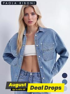 Women's Plain Button Front Drop Shoulder Curved Hem Denim Jacket, Casual Long Sleeve Pocket Design Collar Outerwear for Daily Wear, Ladies Clothes for All Seasons, Coats, Cardigan