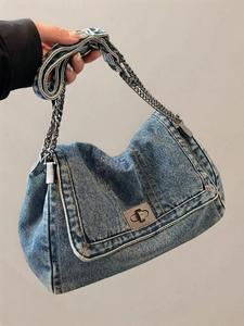 Fashion Denim Chain Shoulder Bag, Denim Shoulder Satchel, 2025 New Style Versatile Adjustable Fashionable Crossbody Bag for Women, All-match Trendy Commuting Purse, Denim Shoulder Purse, Denim Sling Bag