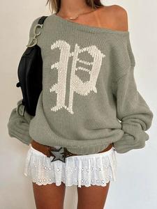 Women's Letter Print Drop Shoulder Sweater, Casual Asymmetrical Neck Long Sleeve Jumper for Fall & Winter, Fashion Ladies' Knitwear for Daily Wear, Loser Core Outfits， Sweater Weather