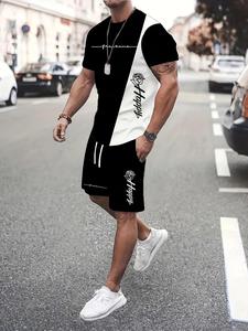 Men's Regular Fit Rose & Letter Print Short Sleeve Tee & Shorts Set, Casual Round Neck T-shirt & Track Shorts, Summer Clothes Set for Men