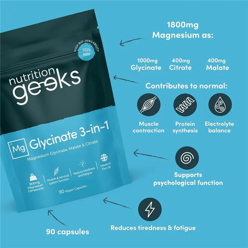 Magnesium Glycinate 3-in-1 Complex - 1800mg Supplements as Bisglycinate, Citrate & Malate 90 Vegan Capsules, Triple High Absorption 384mg Elemental, UK Made (Packaging Design May Vary) 4