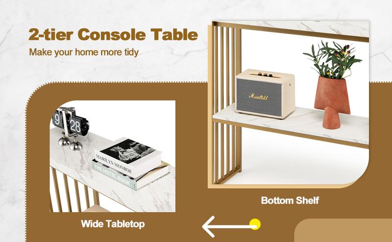Product Introduction of COSTWAY 2-Tier Console Table, Modern Faux Marble Narrow Hall Desk Sofa Side Table, 120cm Long Slim Display Accent Table for Entryway, Living Room, Bedroom and Foyer (White+Black) 14