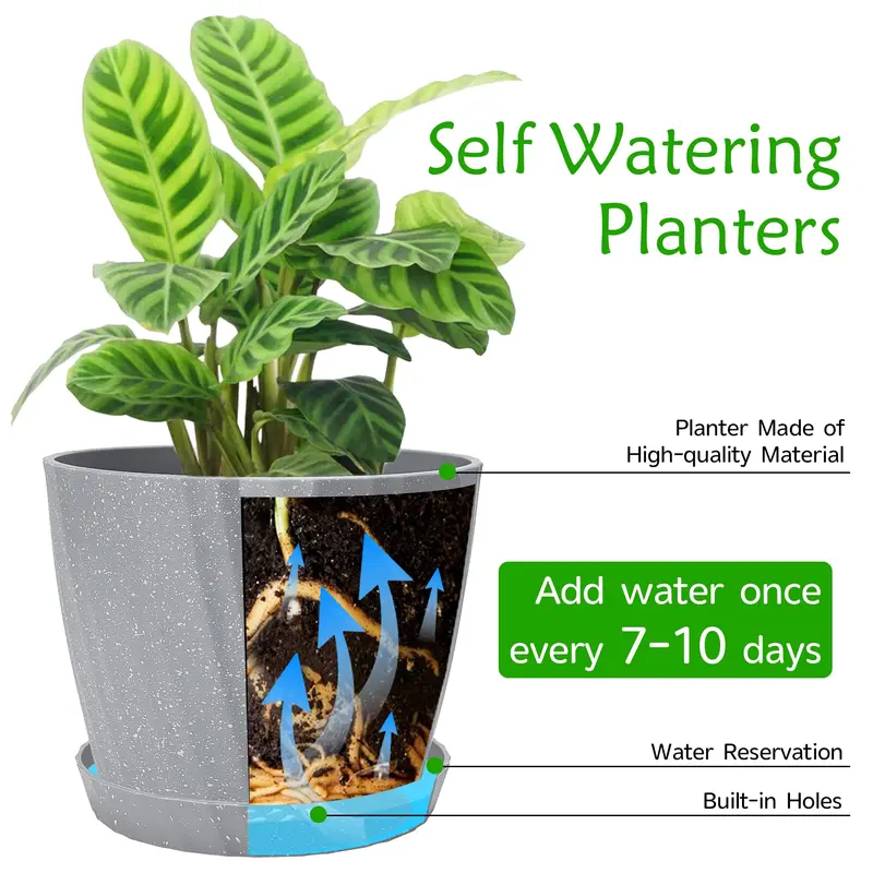Plant Pots Indoor, 6Pack Plastic Plant Pots 19/17.5/16.5/15.5/14/11.5cm, Flower Pots Outdoor Self Watering Indoor Plant Pot with Drainage Holes and Tray, Plastic Planter for Garden House Plants(Grey) 4