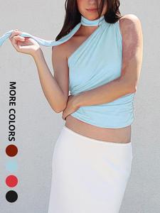 Women's Solid Color One Shoulder Top, Casual Sleeveless Top for Summer, Women's Clothing for Daily Wear