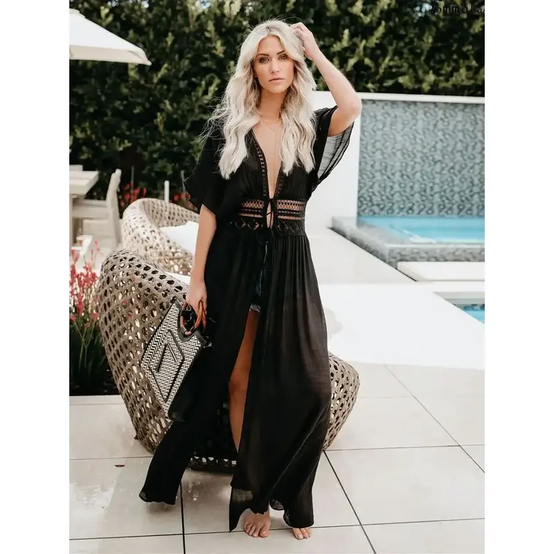 2025 Summer Bikini Cover-ups Women Bohemian Beach Long Dress Short Sleeve Lace Hollow Out Cardigan Swimwear Cover Ups Beachwear 6