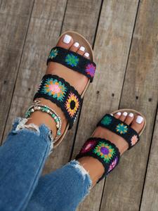 Women's Floral Embroidery Boho Style Slides, Bohemian Trending Sandals, Casual Comfortable Breathable Flat Summer Sandals for Beach Vacation, Footwear Strap Slides, Non-slip Wear-resistant Slippers for Outdoor, Unique Sandals, Gifts for Wife