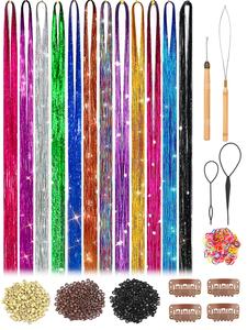 Glitter Hair Tinsel Kit, 12 Mixed Color Heat Friendly Synthetic Hairpiece with Tools, Synthetic Extensions, Heat Resistant Hair Accessories for Girls Women Kids, Strand, Synthetic Soft Hairpieces, Synthetic Fiber Hair