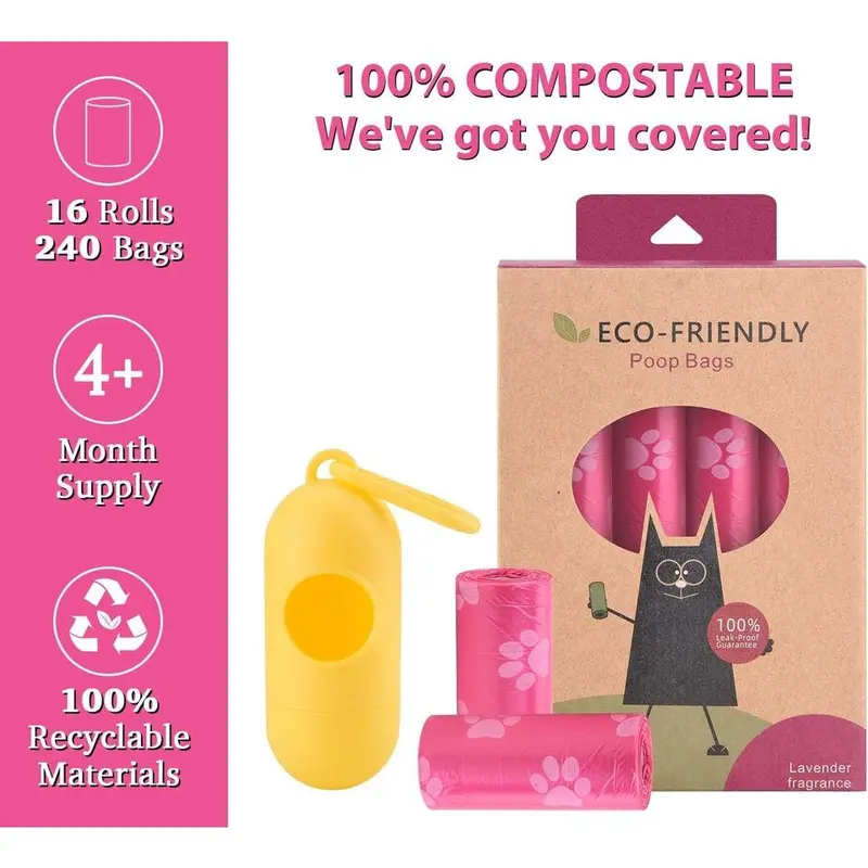 Dog Poo Bags 240 Pink Large Poop Bags with Dispenser,Super Strong 100% Leak Proof Poo Bags Dogs Rolls with Corn Starch Compostable 1