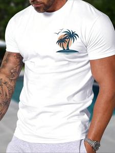 Men's Letter & Palm Tree Print Short Sleeve Tee, Loose Casual Breathable Round Neck T-shirt for Summer, Fashion Men's Top for Daily Wear, Tropical