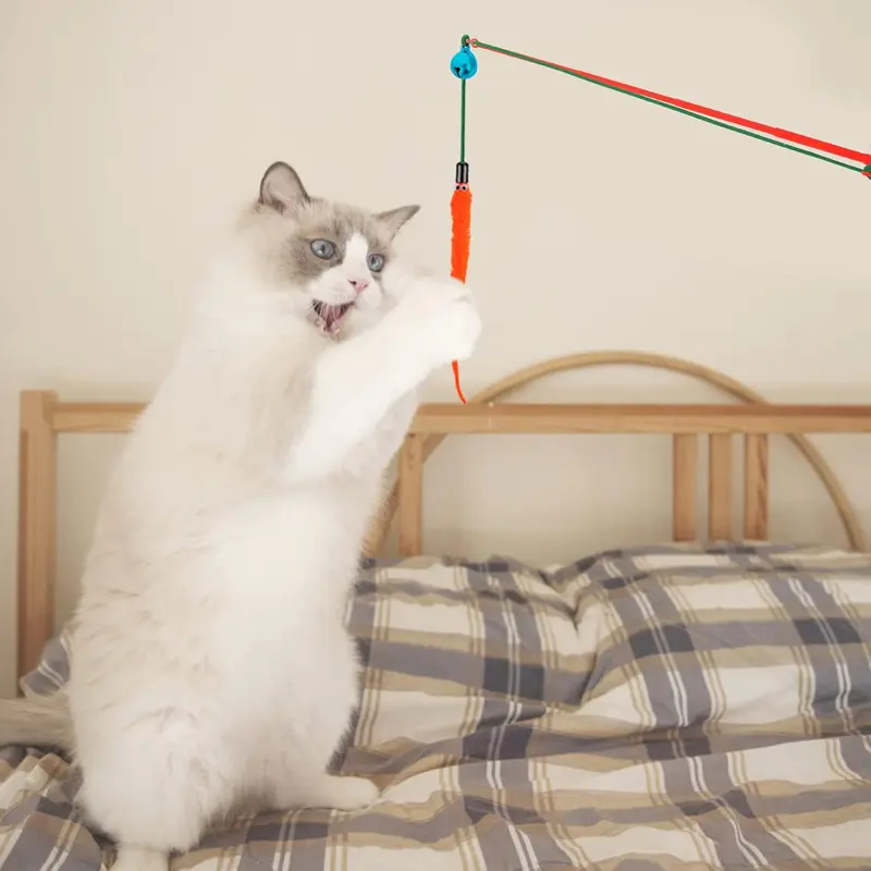 Cat Feather Toys, 6 Pcs Cat Feather Wands Interactive Worm Teaser Toy for Indoor Outdoor Bored Exercise, Cat Interactive Wand Toys with Worm Refills and Cat Bells, Cat Kitten Wire Chaser 3