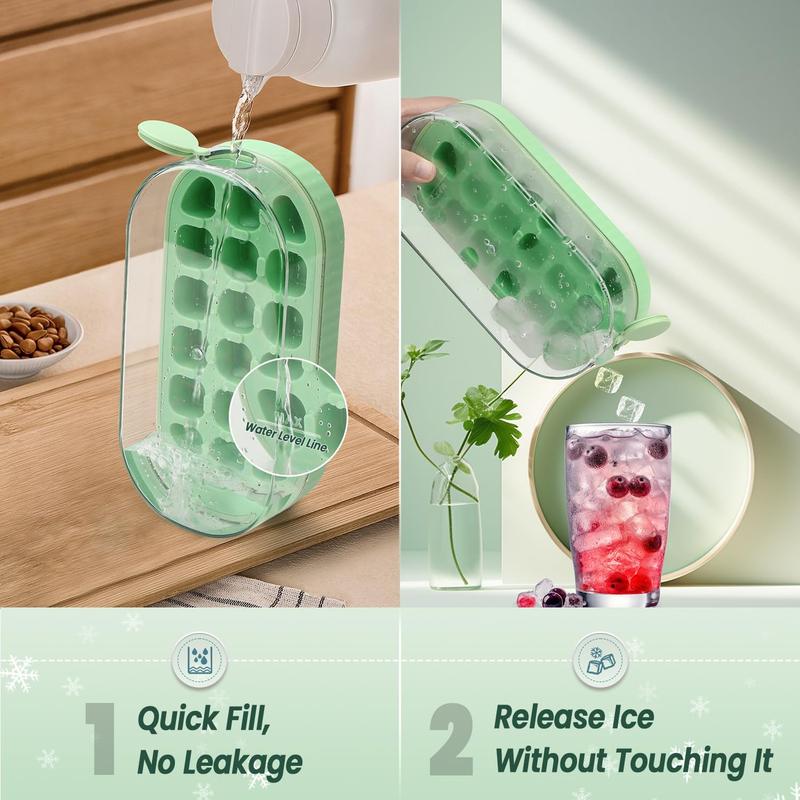 Ice Cube Tray with Lid and Bin, Press-Type Silicone 18PCs Ice Cube Moulds for Freezer, Easy Release, Quick Filling Without Touching, Ice Tray for Whiskey Cocktail, Tea, Coffee, Green 4
