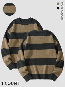 Men's Colorblock Striped Print Drop Shoulder Sweater Casual Cozy Pullover Long Sleeve Round Neck Jumper for Fall & Winter, Fashion Men's Knitwear for Daily Wear