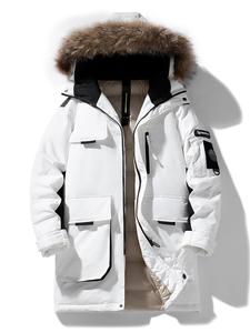 Men's Solid Zip Up Pocket Contrast Faux Fur Hooded Down Jacket, Loose Casual Long Sleeve Zip Front Thickened Outerwear for Fall & Winter, Men's Clothes for Daily Wear