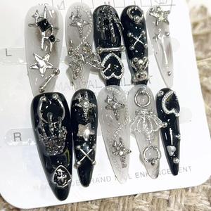 TRUTH AMOR,10PCS Dark Punk Spicy Metal Embossed Press-Ons|Black-Silver Rhinestones + Star Cross | Ultra-Thin Detachable | Party/Club/Fest/Daily |DarkNails |PunkPressOns |MetalNails