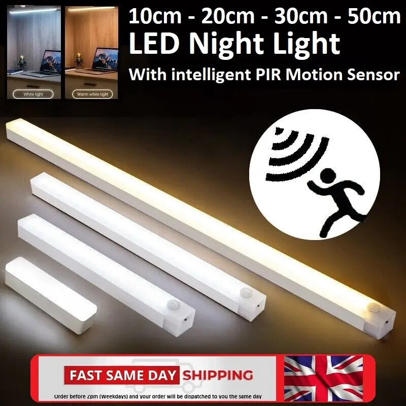 Strip Light LED PIR Motion Sensor USB Rechargeable Magnetic Cabinet Closet Lamp 0