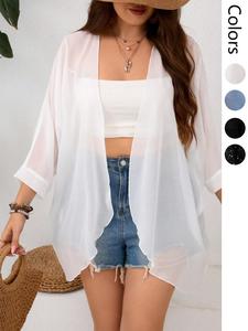 【Plus Size】 Solid Color Open Front Sheer Jacket, Casual Long Sleeve Outerwear for Summer, Women's Clothes for Daily Wear, Womenswear, Loose