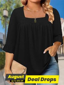 【plus Size】 Solid Square Neck Tee, Casual T-shirt for Summer, Women's Clothing for Daily Wear, Womenswear, Tshirt, Flounce Sleeve Tee, Vintage Casual Basic Tee