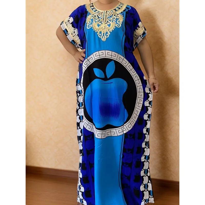 Elegant Plus Size Floral Print Kaftan - Breathable Polyester Round Neck Short Sleeve Maxi Dress for Women - Machine Washable, Perfect for Ramadan & All Seasons 0